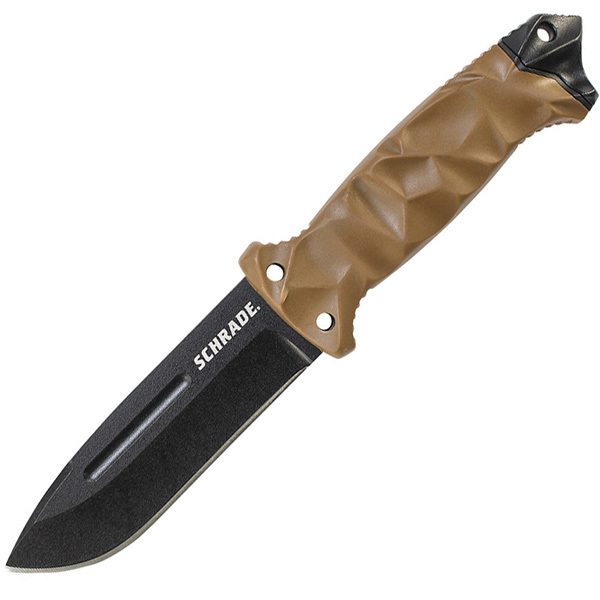 Schrade SCHF40D Fixed Blade Knife, Desert GFN w/Overmold Handle, Black Plain Blade